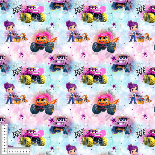 Monster Truck in Pink | Vehicle Softshell Fabric by the Meter | Water-Repellent Children's Fabric