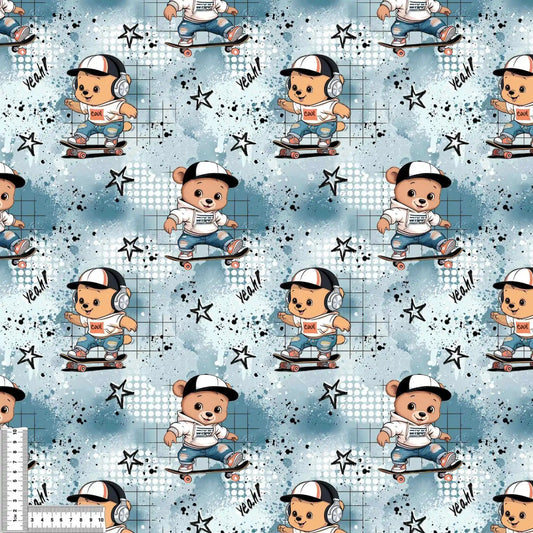 Skater Bear | Bear Swimwear Fabric UV50+ by the Meter | Kids' Fabric for Swimwear