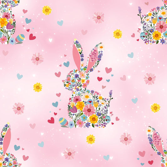 Detailaufnahme vom Jersey Osterstoff in Pink oder French Terry Stoff mit Blumen Osterhase, perfekt für kreative Nähprojekte