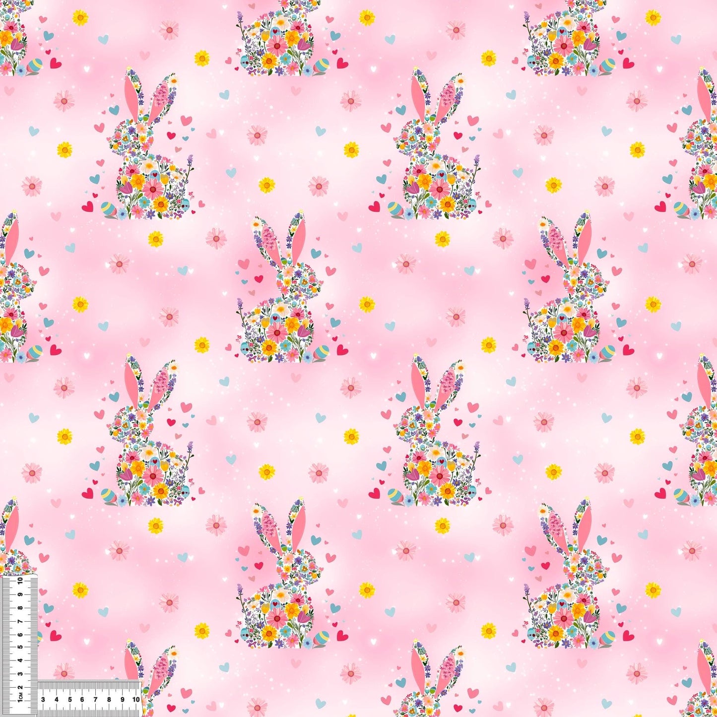 Detailaufnahme vom Jersey Osterstoff oder French Terry Stoff in Pink mit Blumen Osterhase, perfekt für kreative Nähprojekte.