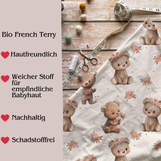 Kleine Bären Baby Strampler beige Vorderansicht – handgemacht Geschenk Geburt