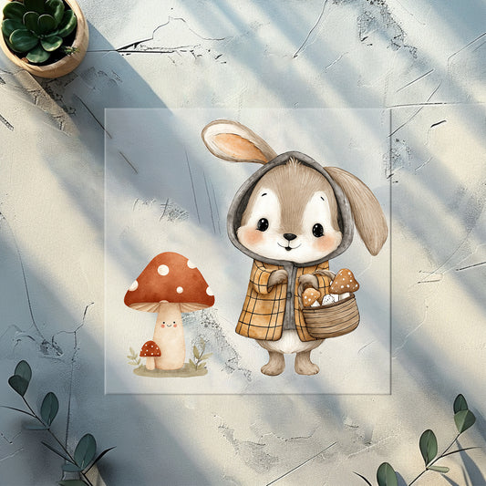 Pilzsammler Hase Bügelbild 10cm – DTF Transfer Waldtier aufbügeln Kindershirt