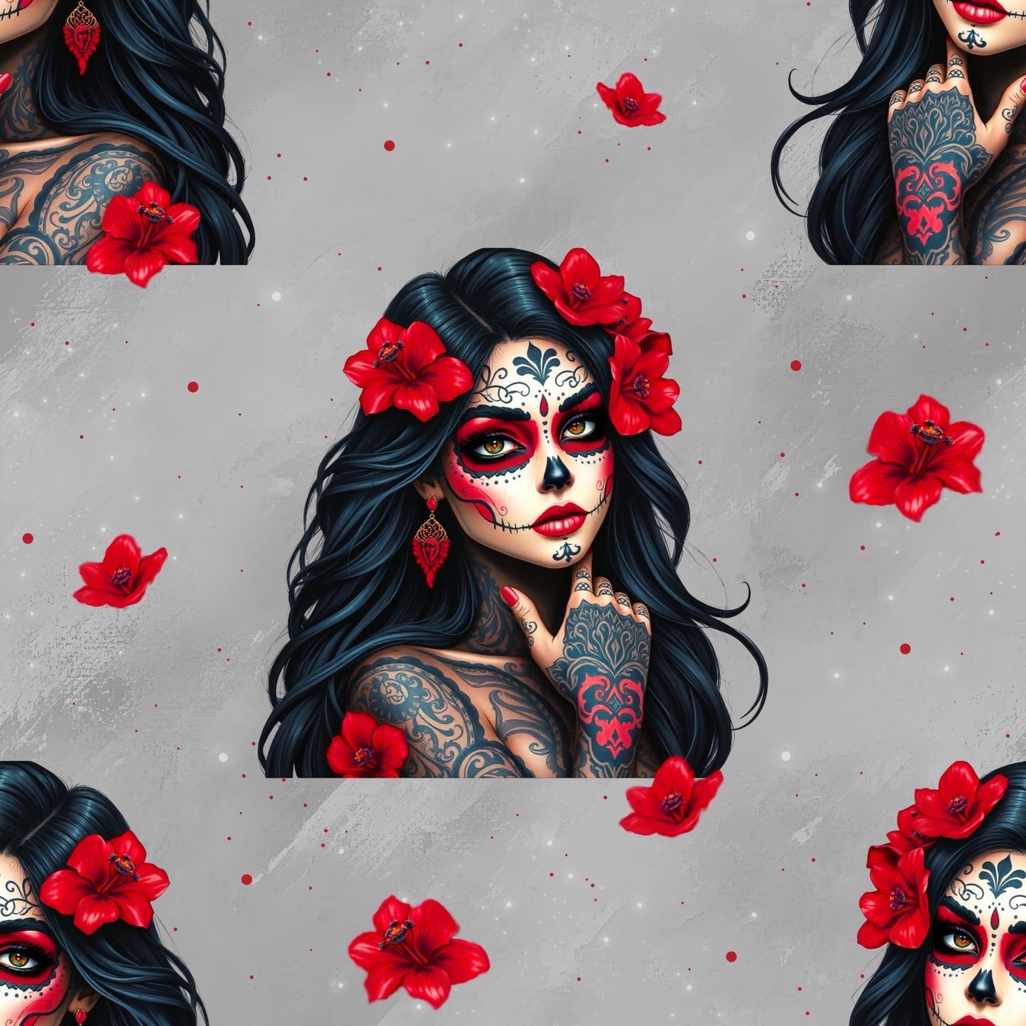 Fabric design "la Catrina" - Grey Red - Fabric by the meter - Softshell, Cotton, Muslin, Minky & Lycra UV50+