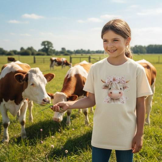 Highland Cow Iron-On Patch "Floral Wreath" | DTF Transfer for Clothing & Accessories