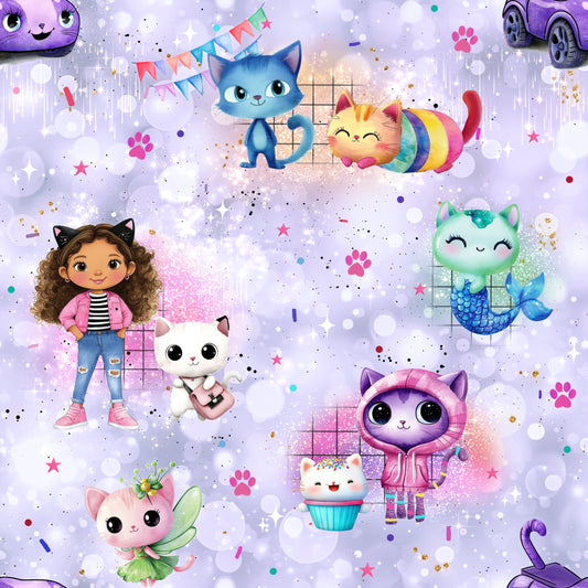 Children's Fabric 0.5m Jersey by the Meter "Magic Cat House" Lavender Bubbel