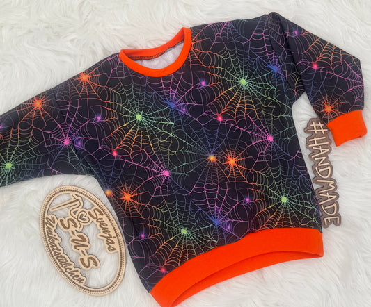 Neon Halloween Spinnennetz Stoff Meterware Detailaufnahme – Jersey French Terry