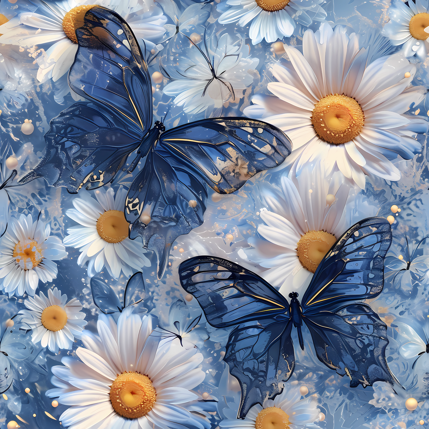 Fabric design "Blue Wing Dance" Butterfly Fabric with Daisies - Softshell, Cotton, Muslin, Minky & Lycra UV50+ Fabric by the meter