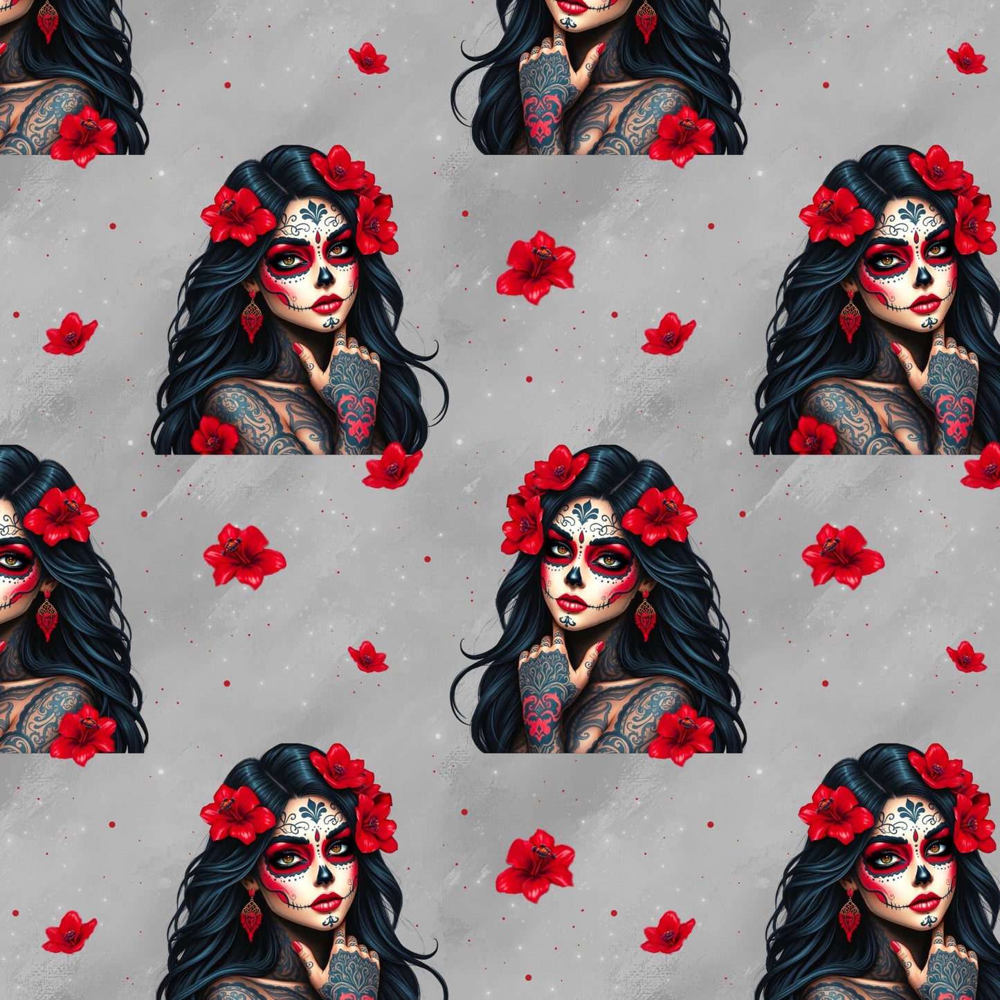 La Catrina Kinderstoff Rib Jersey – Red Grey Totenkopf Motiv Meterware