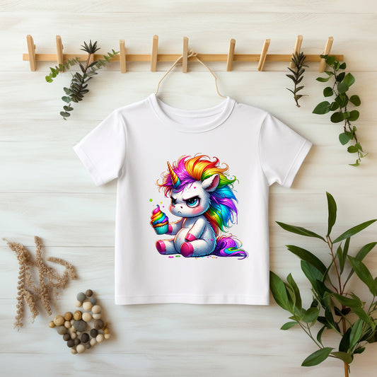 Cupcake Grumpycorn DTF Transfer Detailaufnahme – Glitzer Einhorn Bügelbild