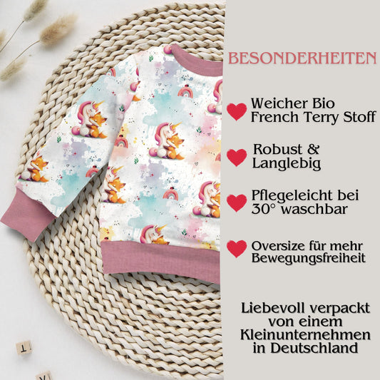 Einhorn Fuchs Kinderpullover Vorderansicht – Sweatshirt French Terry handgemacht
