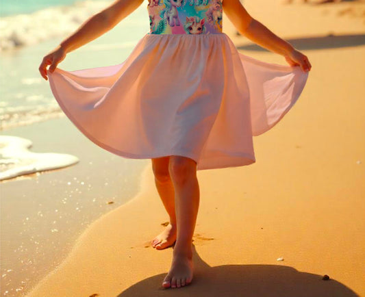 Pegasus Drehkleid rosa Detailaufnahme – handgemachtes Mädchenkleid French Terry
