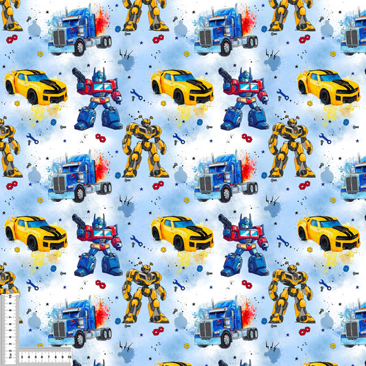 RobotCars in blue | Robot Car Softshell Fabric by the Meter | Water-repellent Kids' Fabric