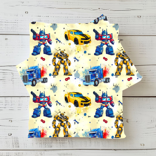 RobotCars gelb Stoff Detailaufnahme – Kinderstoff Roboter Auto Jersey