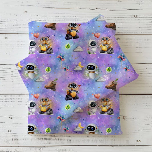 Love in Space Lila | Robot Softshell Fabric by the Meter | Water-Repellent Children's Fabric