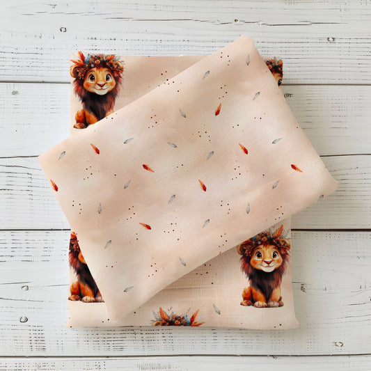 Boho Federn Stoff Detailaufnahme – kleiner Löwe Kombistoff Kinderstoff Jersey
