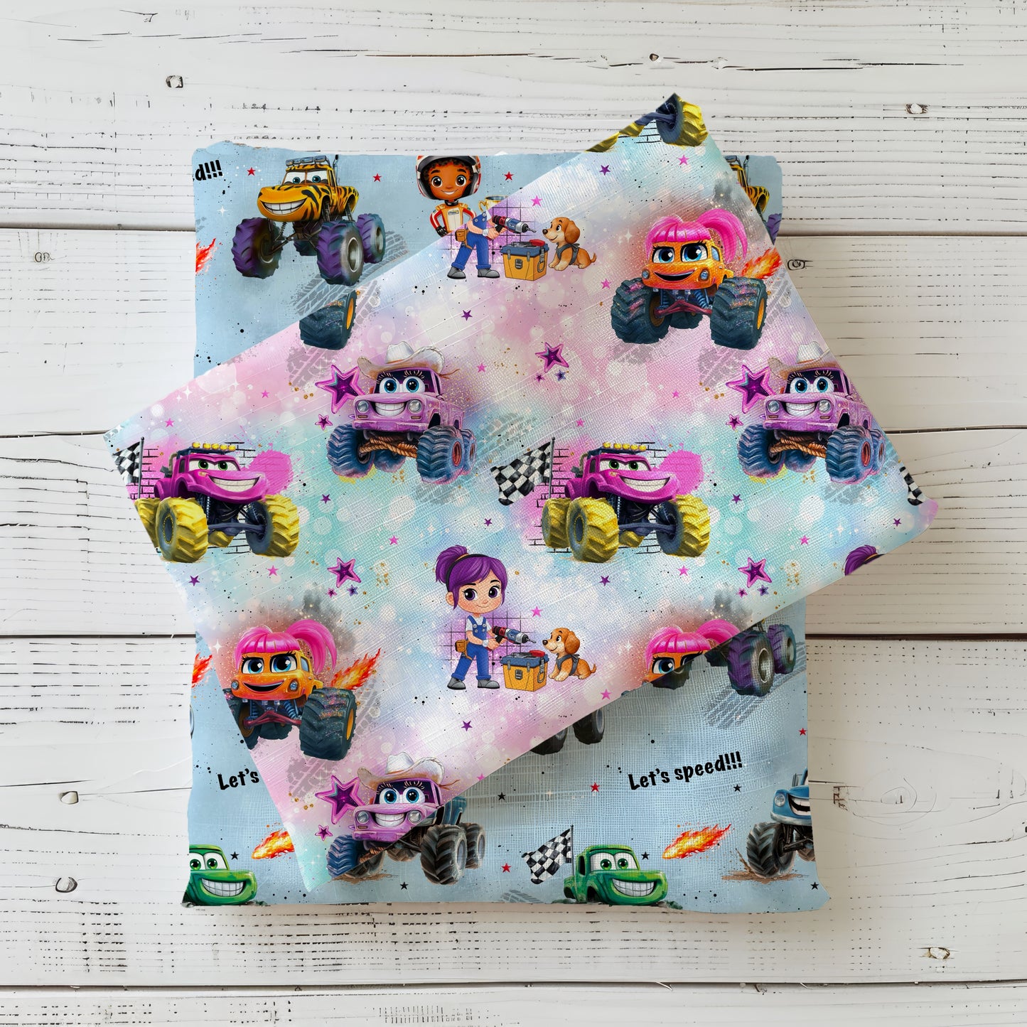 Monster Truck in pink | Vehicle fabric by the meter | Rib jersey children's fabric