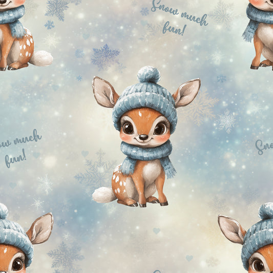 Snow much fun – Rehkitz Stoff – 0,5 m Jersey Lagerware mit Reh & Schneeflocken – sofort lieferbar & ideal für Winterkleidung“