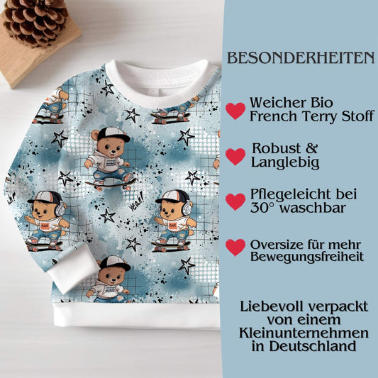 Skater Bär Kinderpullover Vorderansicht – Sweatshirt French Terry handgemacht