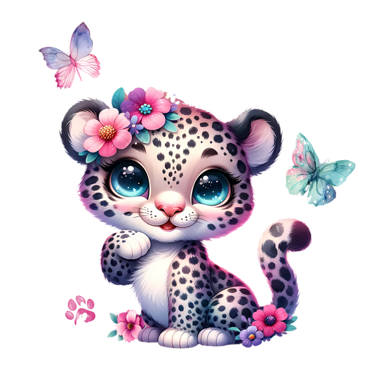 Baby Leo Bügelbild DTF Transfer Detailaufnahme – Glitzer Leopard Kindershirt