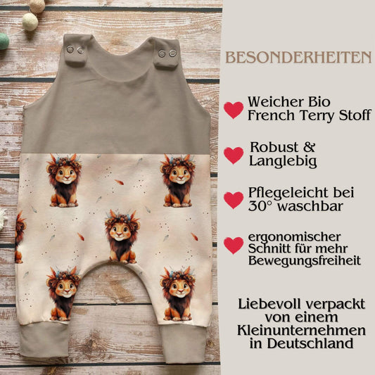 Löwe Baby Strampler beige geteilt Vorderansicht – handgemacht Geschenk Geburt