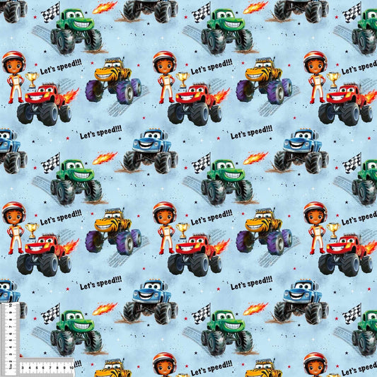 Monster Trucks Stoff als Bio Jersey oder French Terry – blauer Kinderstoff mit Maßangabe als Meterware