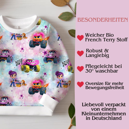 Monstertruck Kinderpullover rosa Größe 68-128 – Handmade Sweatshirt French Terry Mädchen