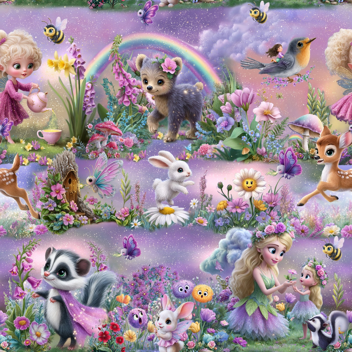 Kinderstoff Design Magischer Frühlingszauber mit Illustrationen von Reh, Hase, Eichhörnchen, Feen und Regenbogen auf fliederfarbenem Hintergrund.