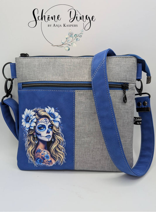 La Catrina Skull Iron-On Patch "La Catrina" Blue White | DTF Transfer for Clothing & Accessories