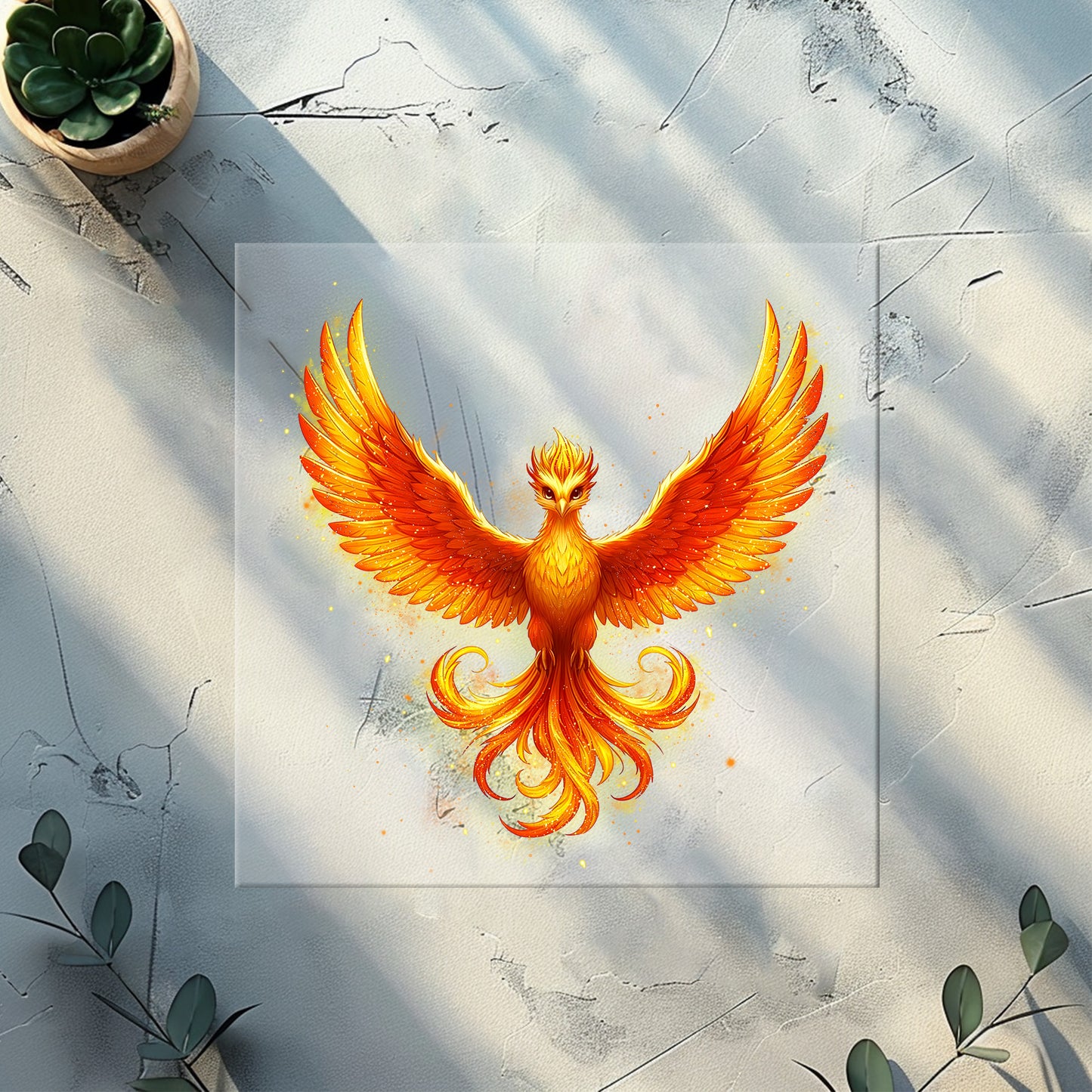 Phönix Bügelbild Feuervogel DTF Transfer orange gelb Flammenmotiv für Kleidung