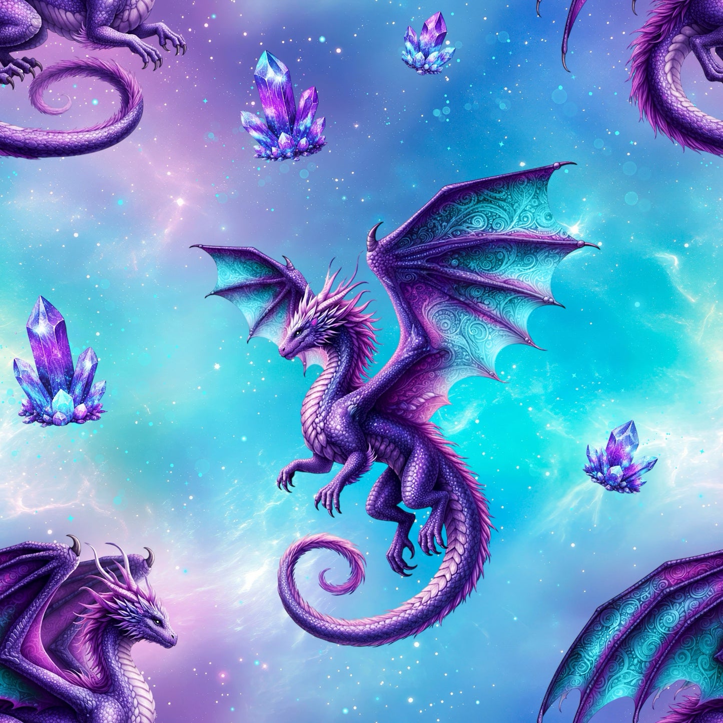 Saphir-Drachensturm Stoffdesign mit violetten Drachen und blauen Kristallen auf Galaxy-Hintergrund