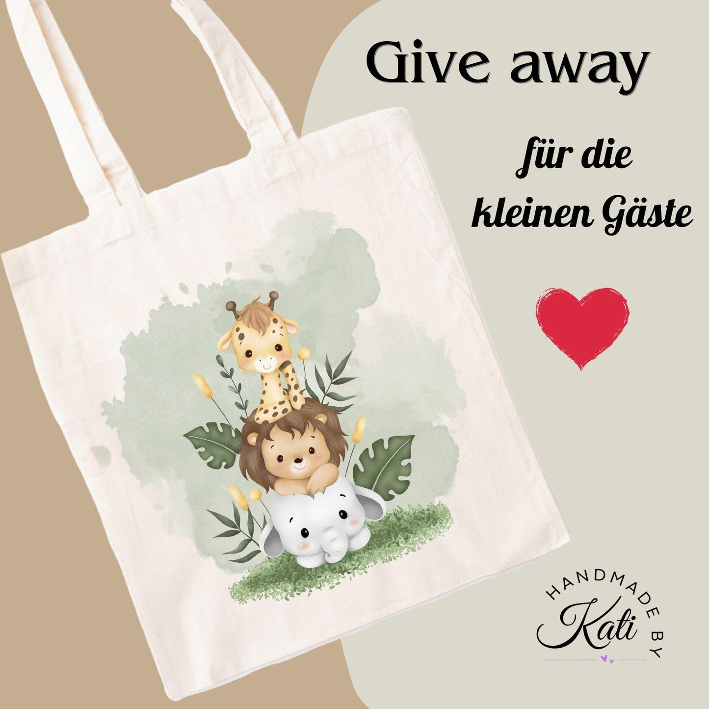 Safari Jutebeutel Giraffe Löwe Elefant – personalisiert Kindergeburtstag Mitgebsel
