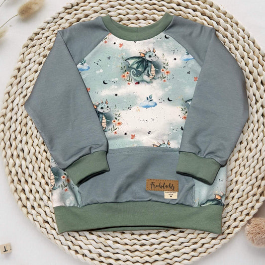 Kinder Raglan Sweatshirt Drachen handgemacht French Terry – Handmade by Kati