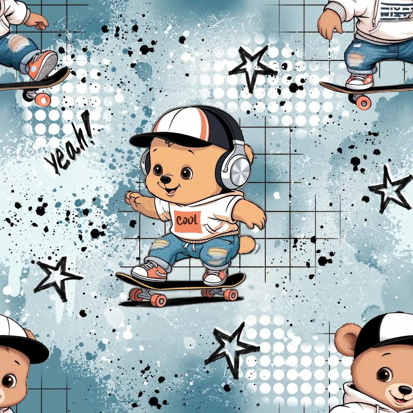 Skater Bär Kinderstoff Meterware Jersey French Terry – Bär mit Cap & Skateboard Handmade by Kati