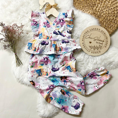 Kinderstoff 0,5m Rib Jersey Meterware  „Regenbogen Katzenhaus"