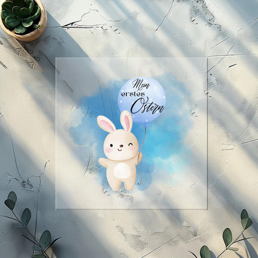 Hase blauer Ballon Erstes Ostern Bügelbild 10cm – DTF Transfer Baby aufbügeln