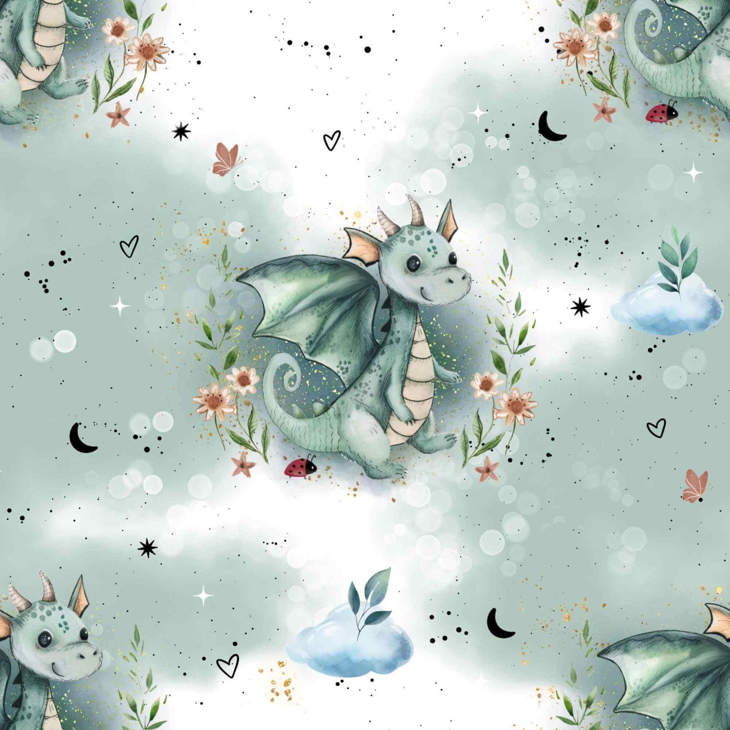 Little Dragon Kinderstoff Meterware – Drachen Jersey French Terry pastell Handmade by Kati