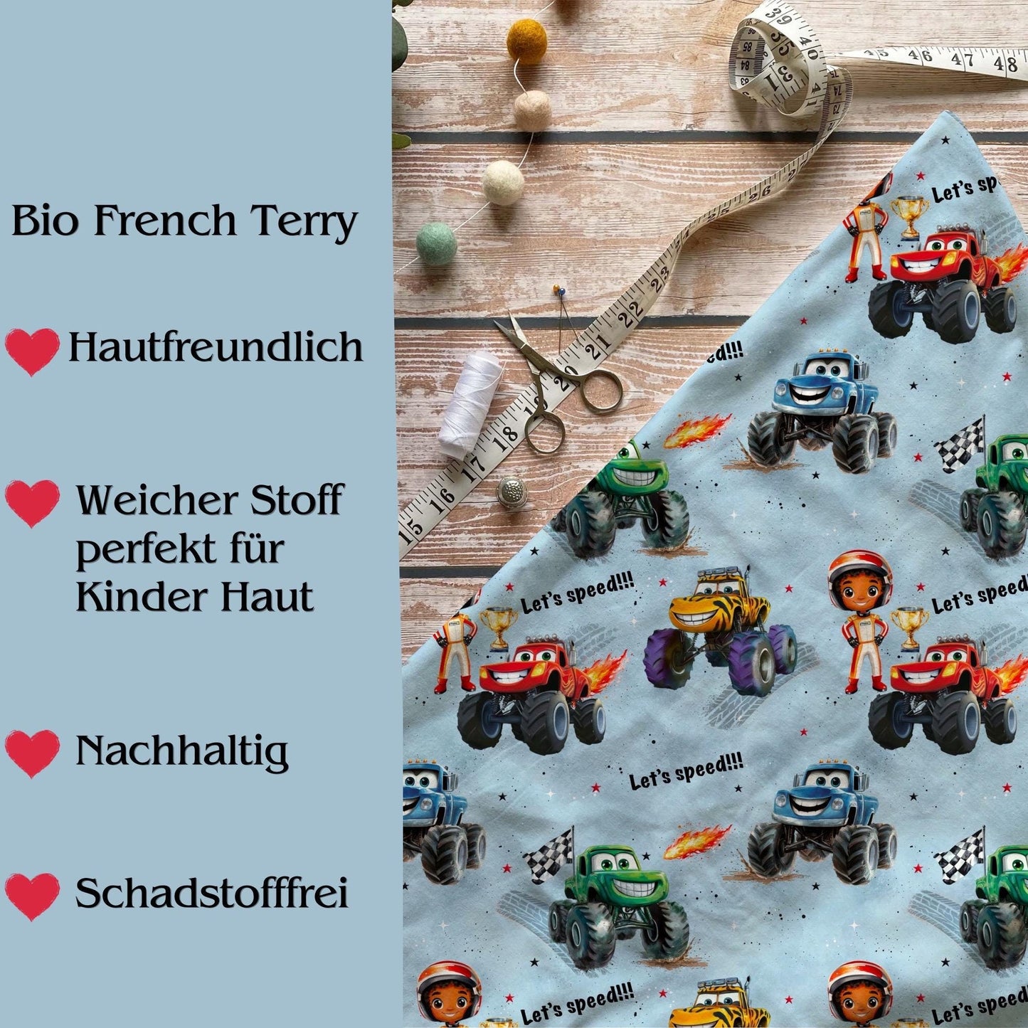 Handmade Monstertruck Sweatshirt blau Detailaufnahme – Kinderpullover French Terry