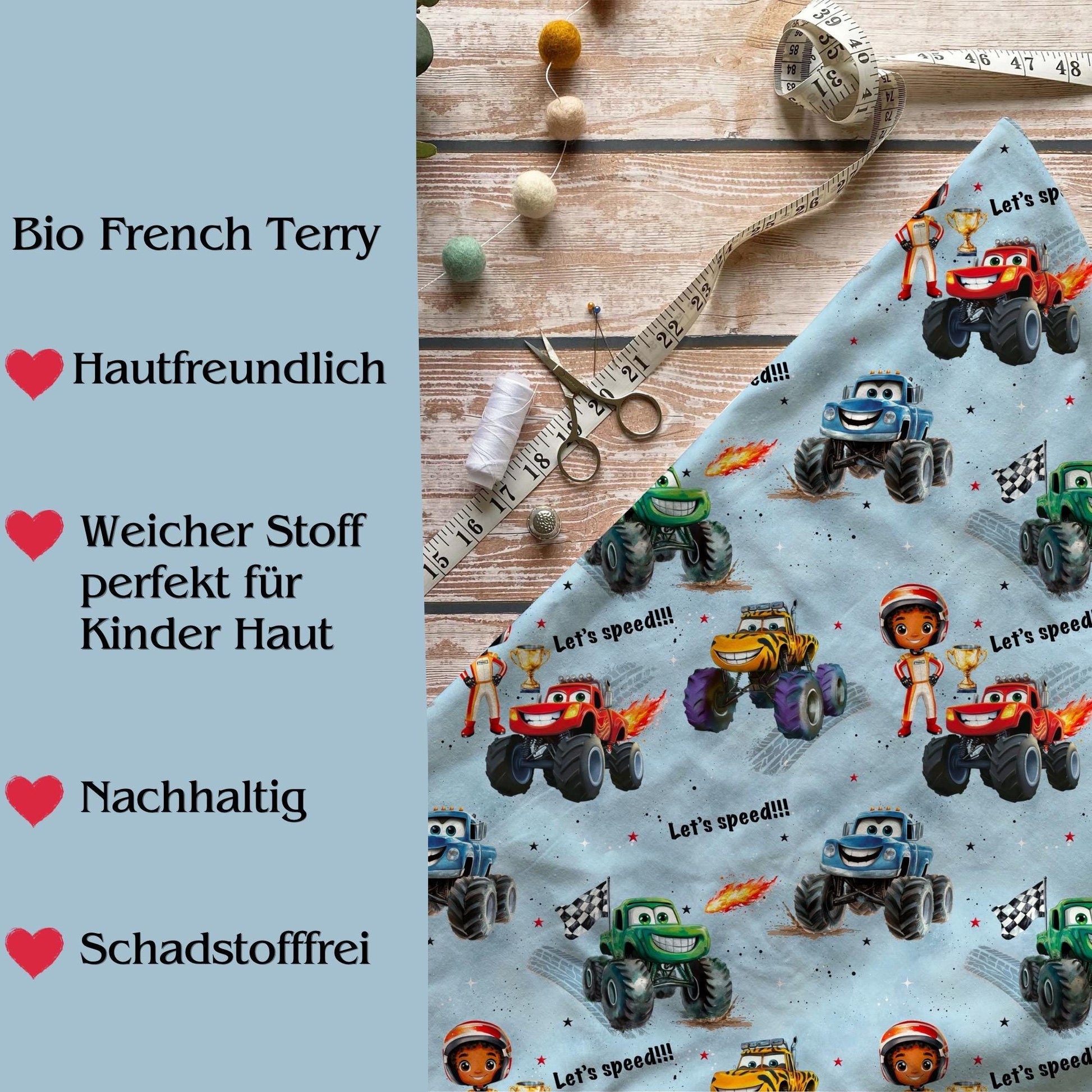 Handmade Monstertruck Sweatshirt blau Detailaufnahme – Kinderpullover French Terry