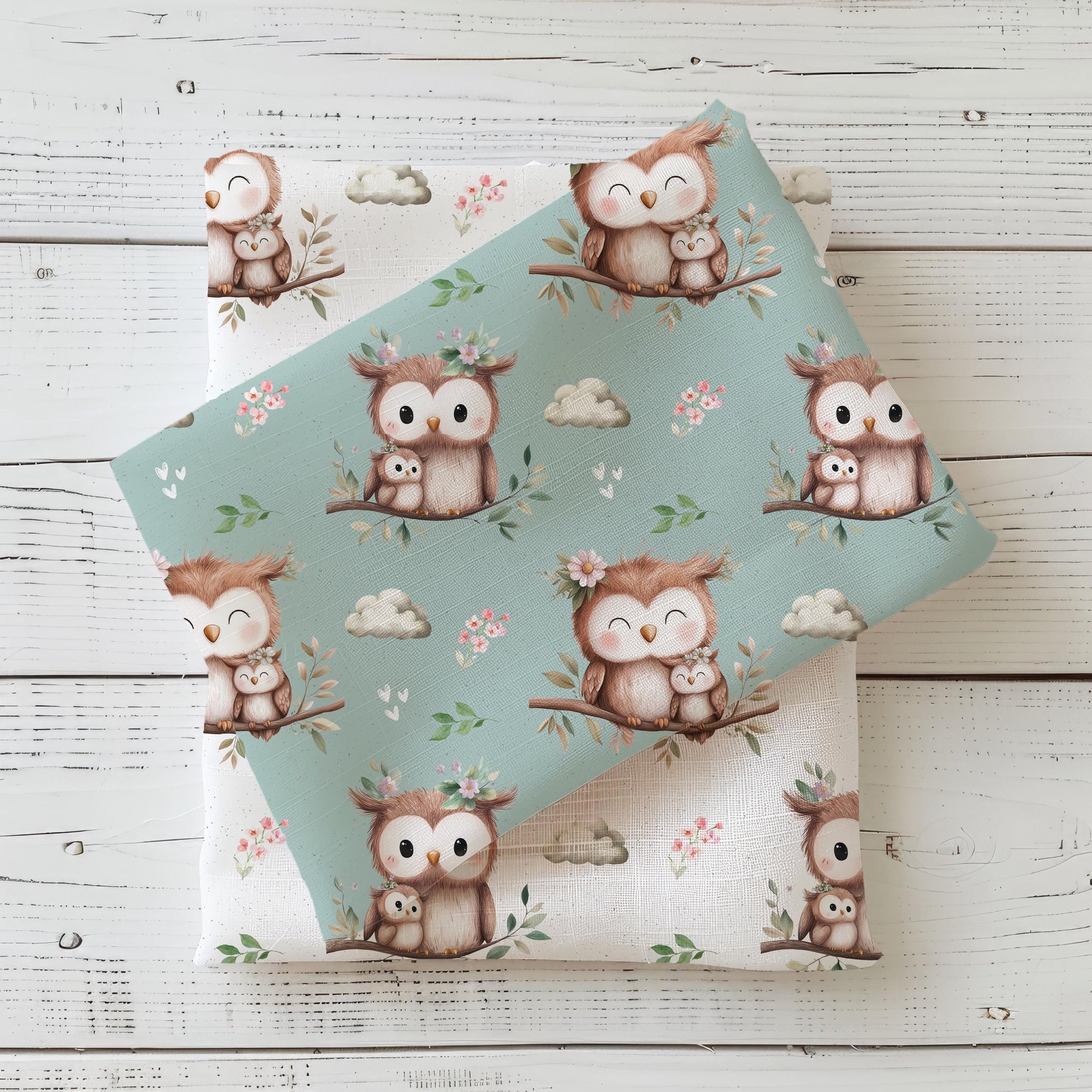 Eule in Mint French Terry Meterware – Kinderstoff Tiermotiv Babymode