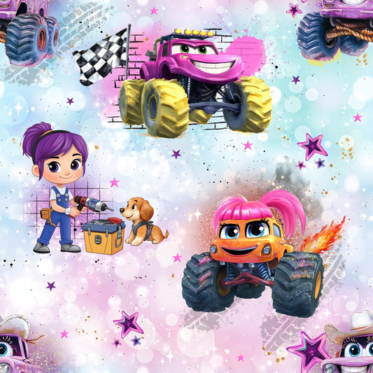 Monster Truck in pink | Vehicle fabric by the meter | Rib jersey children's fabric