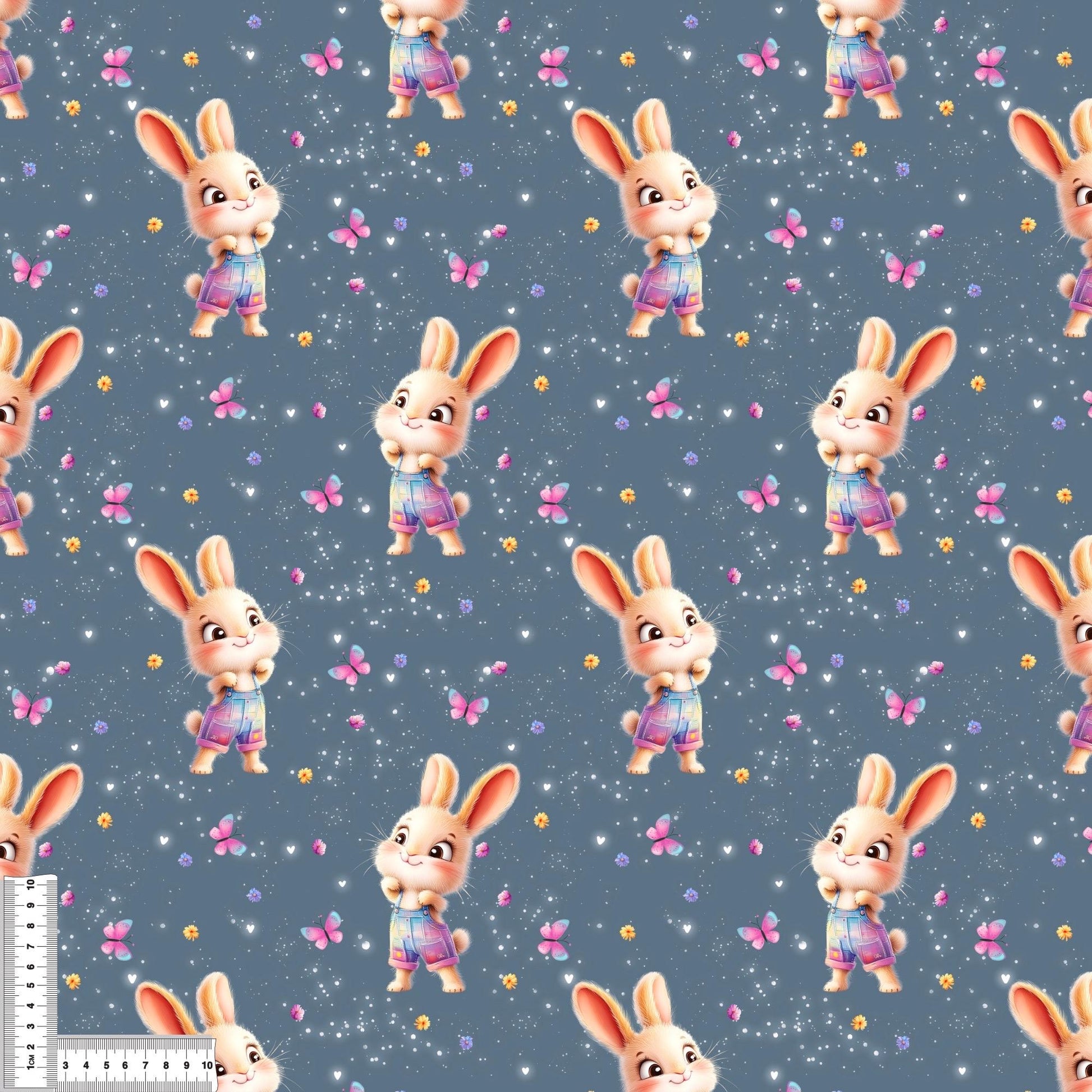 Detailaufnahme von Jersey Kinderstoff oder French Terry Stoff mit Oster und floralen Details auf blauem Hintergrund, perfekt für kreative Nähprojekte