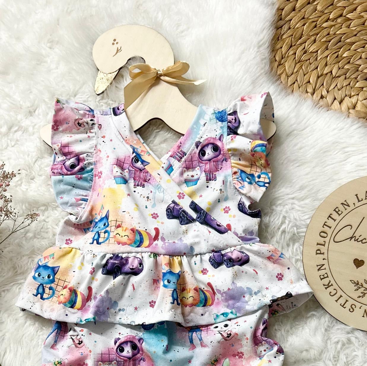 Kinderstoff 0,5m Rib Jersey Meterware  „Regenbogen Katzenhaus"
