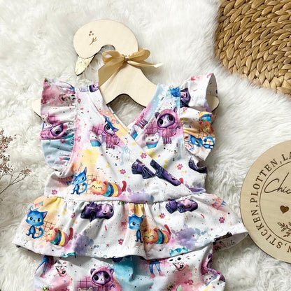 Kinderstoff 0,5m Rib Jersey Meterware  „Regenbogen Katzenhaus"