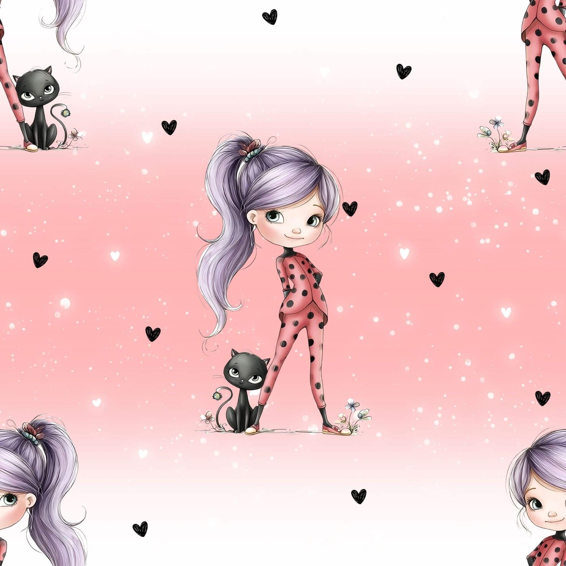 „Ladybug Girl & Black Cat Stoff – 0,5 m French Terry Lagerware mit Mädchen & Katze – sofort lieferbar, perfekt für Kinderkleidung“