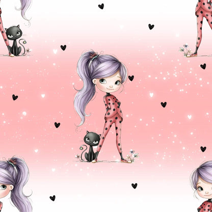 „Ladybug Girl & Black Cat Stoff – 0,5 m French Terry Lagerware mit Mädchen & Katze – sofort lieferbar, perfekt für Kinderkleidung“