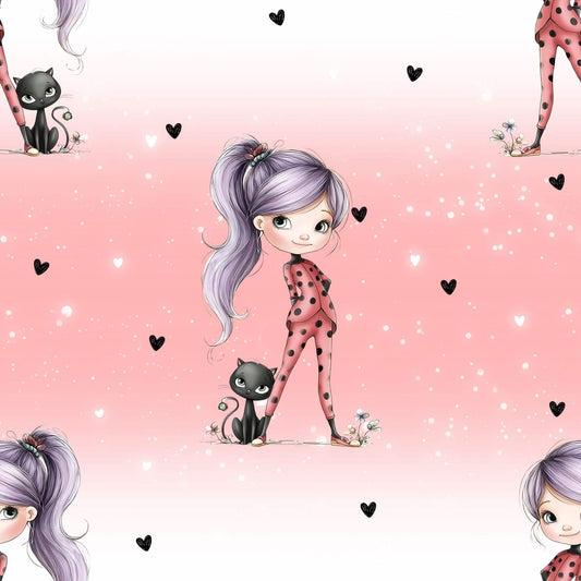 „Ladybug Girl & Black Cat Stoff – 0,5 m French Terry Lagerware mit Mädchen & Katze – sofort lieferbar, perfekt für Kinderkleidung“