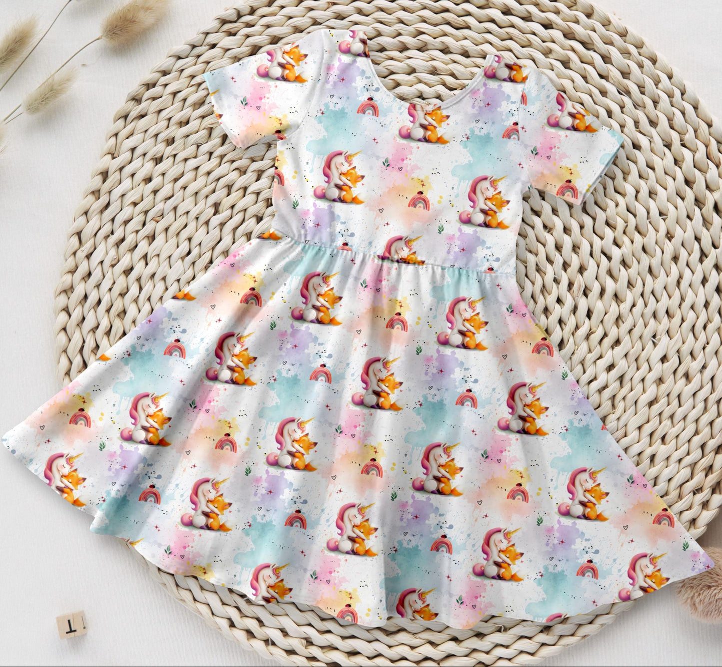 Mädchen Drehkleid Einhorn Fuchs handgemacht French Terry – Geburtstagskleid Handmade by Kati