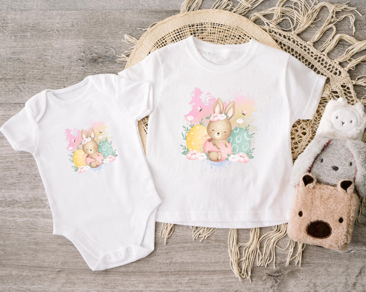 Osterhase im Osterei rosa Bügelbild – DTF Transfer Oster Kinderkleidung Handmade by Kati