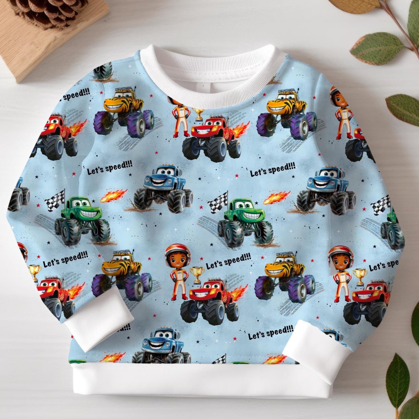 Kinder Sweatshirt Monstertruck blau handgemacht French Terry – Kinderkleidung Handmade by Kati