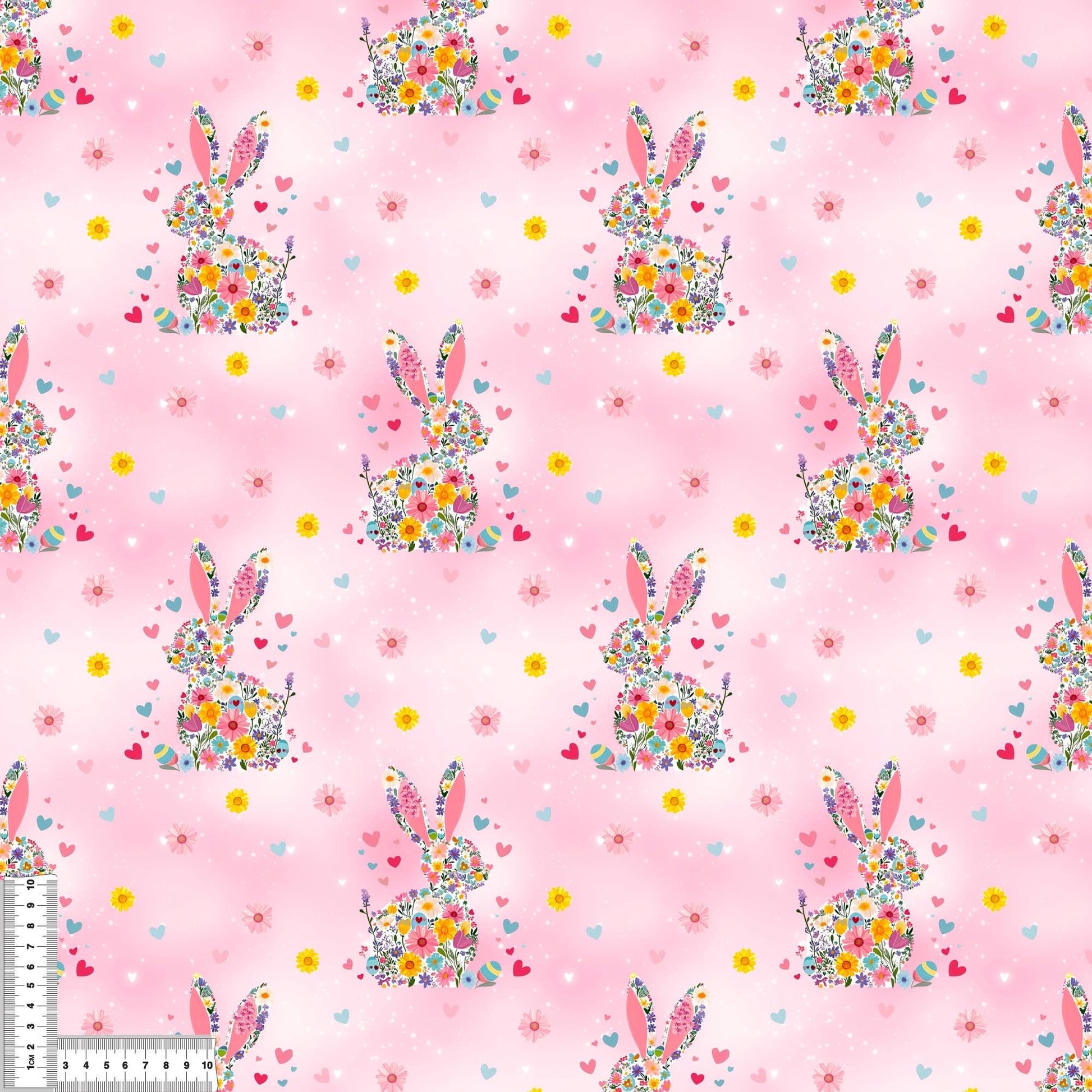 Detailaufnahme vom Jersey Osterstoff oder French Terry Stoff in Pink mit Blumen Osterhase, perfekt für kreative Nähprojekte.